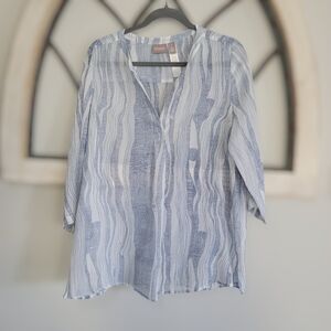 Chico's Abstract Blue and White Chiffon Popover V-Neck Tunic Blouse, Sz 1 (M)
